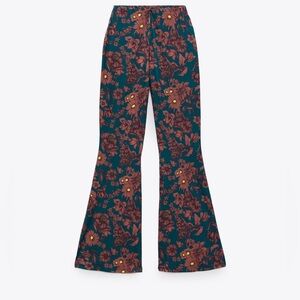 NWT Zara Green Red Floral High Rise Wide Leg Pants
